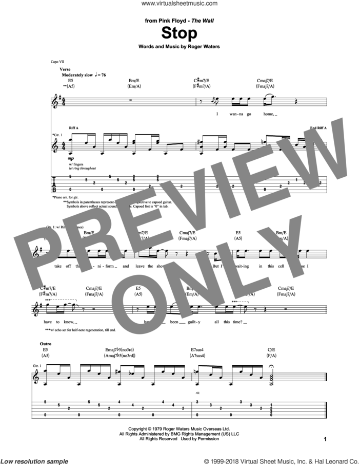 Stop sheet music for guitar (tablature) by Pink Floyd and Roger Waters, intermediate skill level