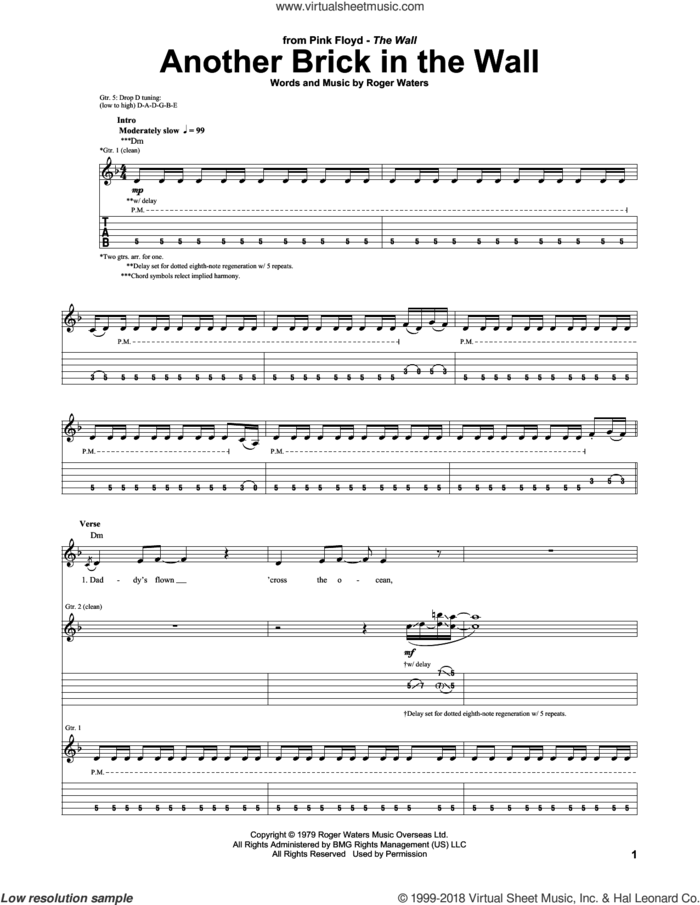 Another Brick In The Wall sheet music for guitar (tablature) by Pink Floyd and Roger Waters, intermediate skill level