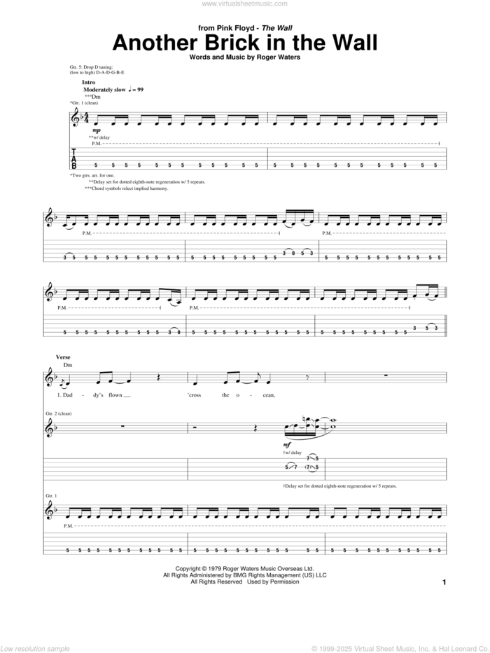 Another Brick In The Wall sheet music for guitar (tablature) by Pink Floyd and Roger Waters, intermediate skill level