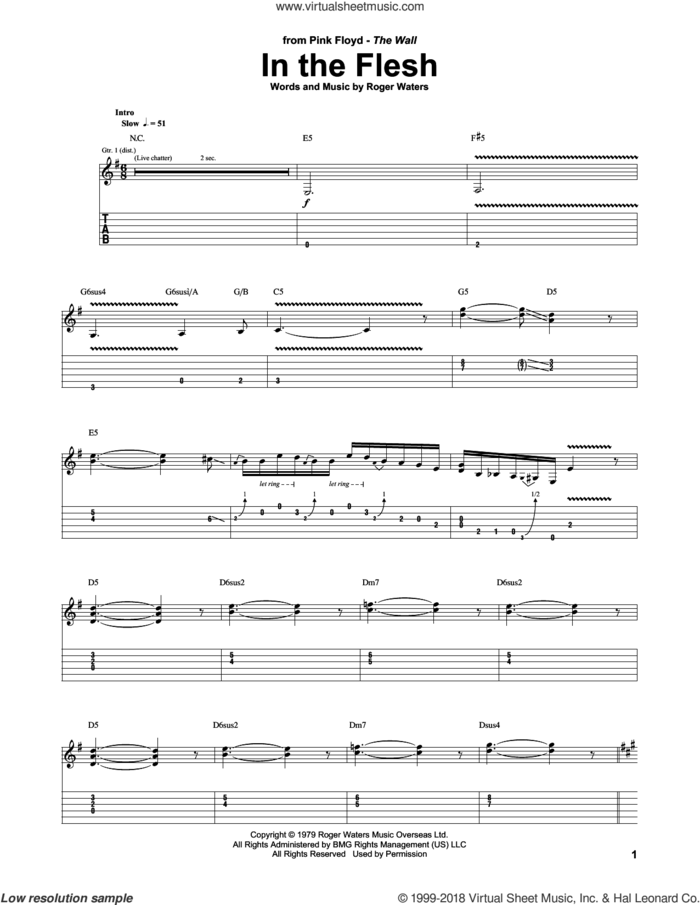 In The Flesh sheet music for guitar (tablature) by Pink Floyd and Roger Waters, intermediate skill level