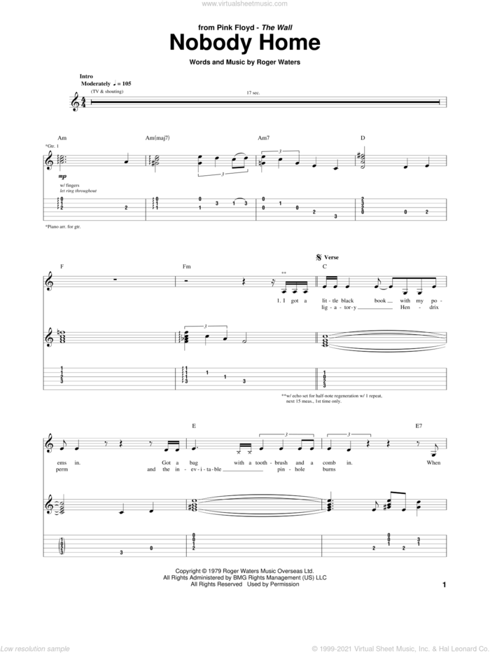 Nobody Home sheet music for guitar (tablature) by Pink Floyd and Roger Waters, intermediate skill level