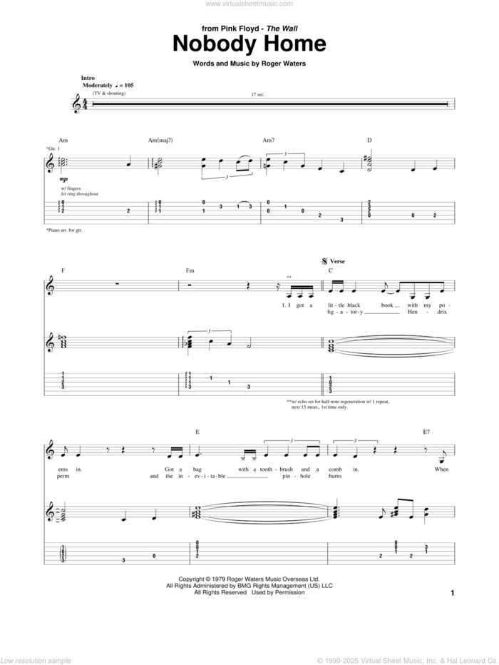 Nobody Home sheet music for guitar (tablature) by Pink Floyd and Roger Waters, intermediate skill level