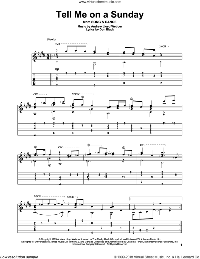 Tell Me On A Sunday sheet music for guitar solo by Andrew Lloyd Webber and Don Black, intermediate skill level
