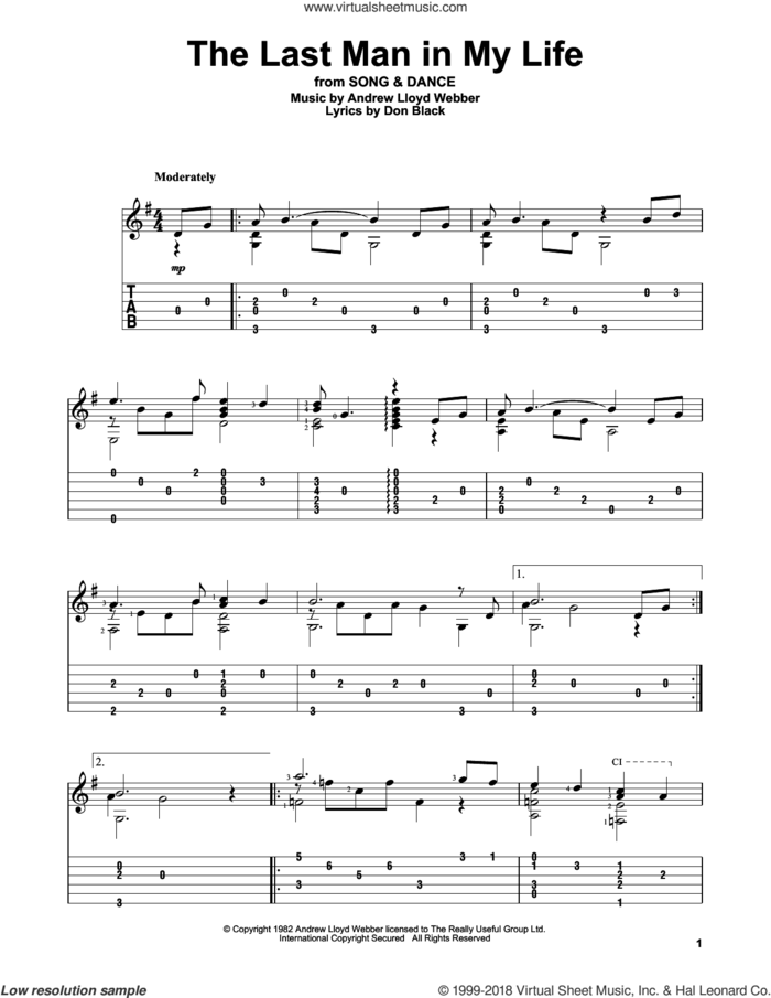 The Last Man In My Life sheet music for guitar solo by Andrew Lloyd Webber and Don Black, intermediate skill level