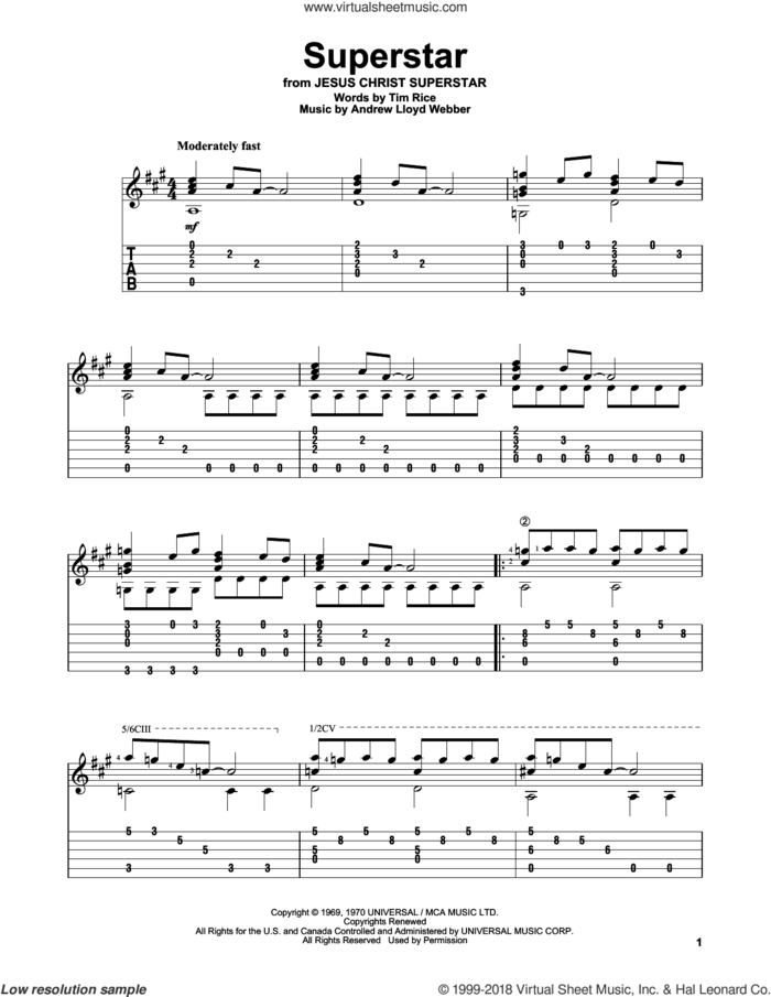 Superstar (from Jesus Christ Superstar) sheet music for guitar solo by Andrew Lloyd Webber, Murray Head w/Trinidad Singers and Tim Rice, intermediate skill level