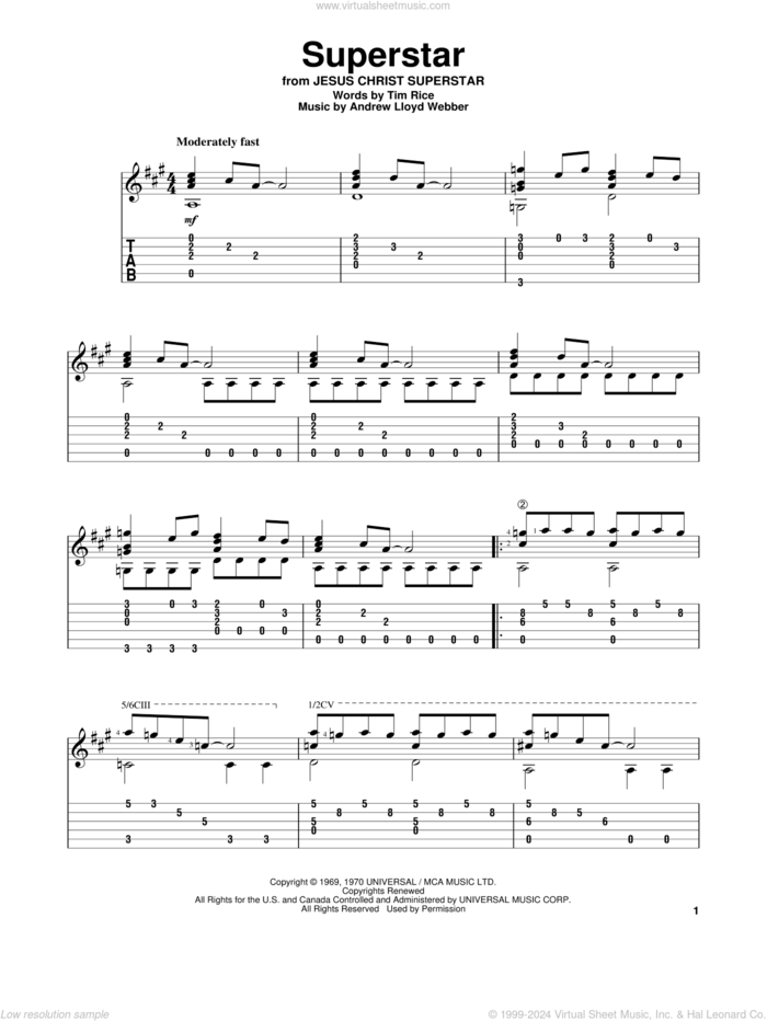 Superstar (from Jesus Christ Superstar) sheet music for guitar solo by Andrew Lloyd Webber, Murray Head w/Trinidad Singers and Tim Rice, intermediate skill level