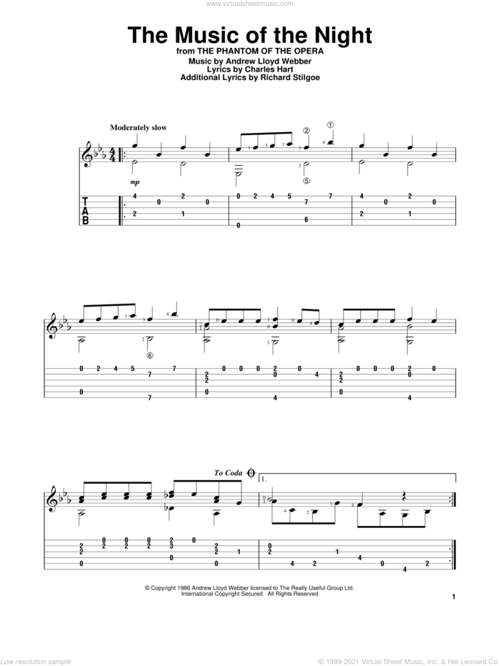 The Music Of The Night (from The Phantom Of The Opera) sheet music for guitar solo by Andrew Lloyd Webber, Charles Hart and Richard Stilgoe, intermediate skill level