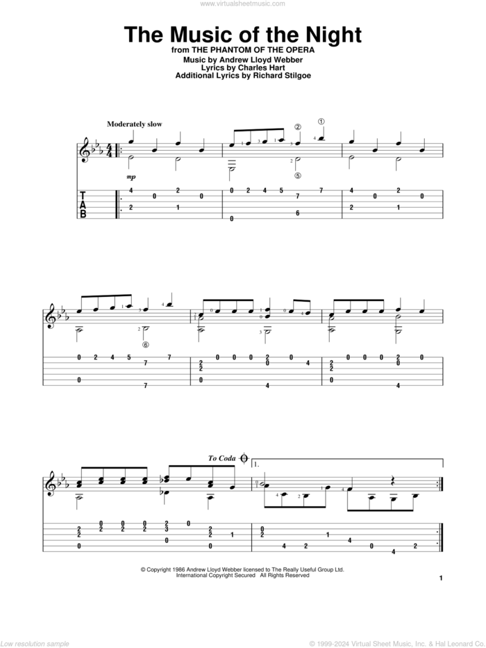 The Music Of The Night (from The Phantom Of The Opera) sheet music for guitar solo by Andrew Lloyd Webber, Charles Hart and Richard Stilgoe, intermediate skill level