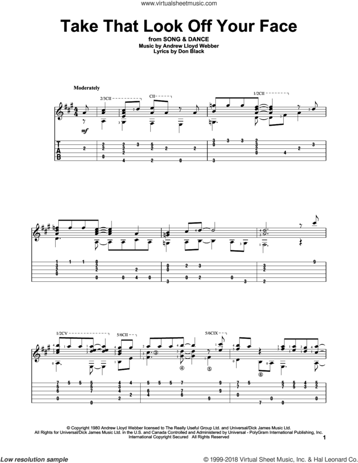 Take That Look Off Your Face sheet music for guitar solo by Andrew Lloyd Webber and Don Black, intermediate skill level