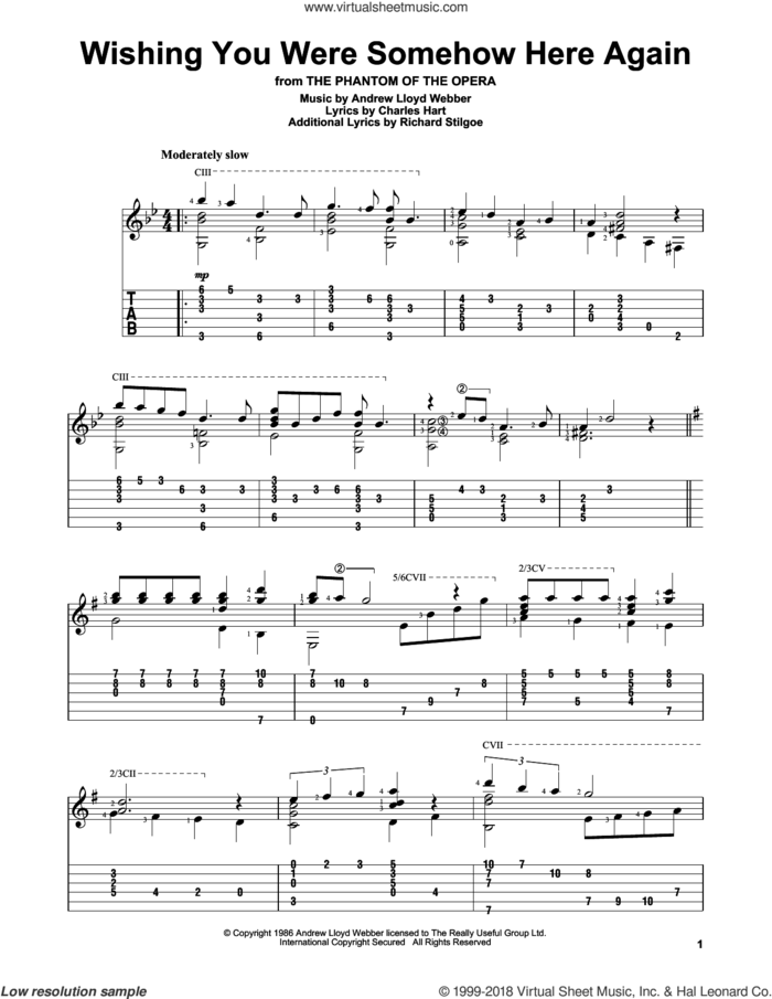 Wishing You Were Somehow Here Again (from The Phantom Of The Opera) sheet music for guitar solo by Andrew Lloyd Webber, Charles Hart and Richard Stilgoe, intermediate skill level