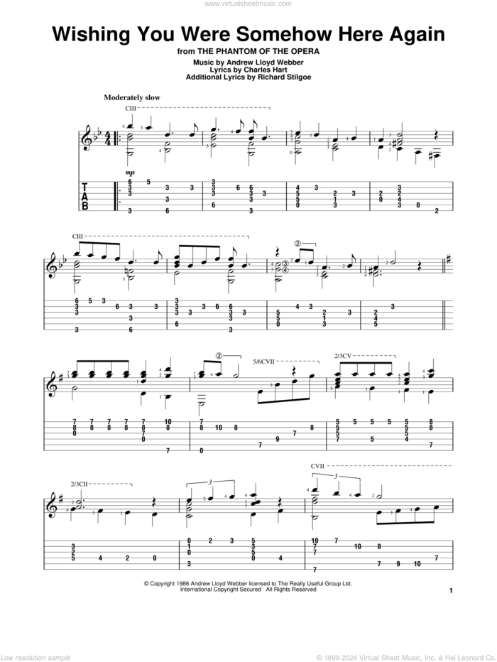 Wishing You Were Somehow Here Again (from The Phantom Of The Opera) sheet music for guitar solo by Andrew Lloyd Webber, Charles Hart and Richard Stilgoe, intermediate skill level