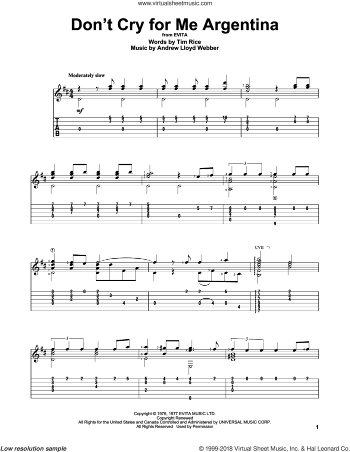 Don't Cry For Me Argentina sheet music for guitar solo by Andrew Lloyd Webber and Tim Rice, intermediate skill level