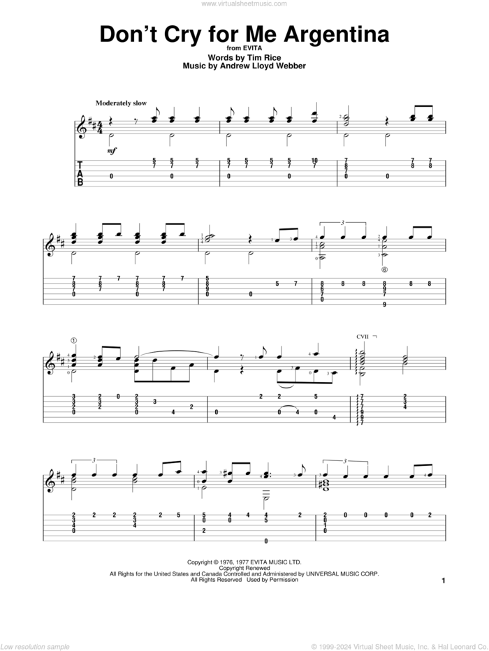 Don't Cry For Me Argentina sheet music for guitar solo by Andrew Lloyd Webber and Tim Rice, intermediate skill level