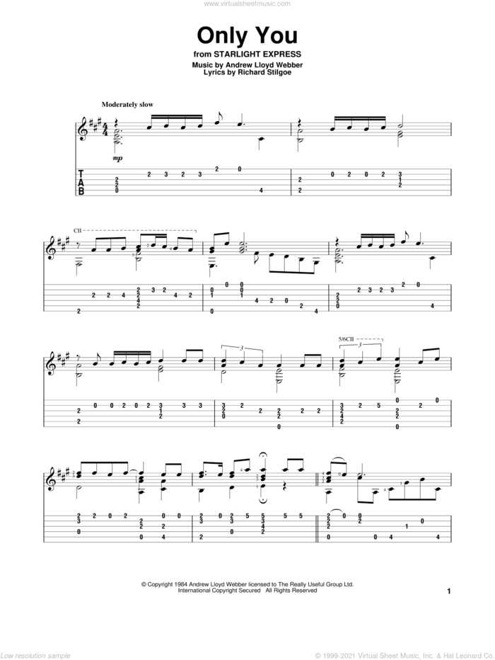 Only You sheet music for guitar solo by Andrew Lloyd Webber and Richard Stilgoe, intermediate skill level