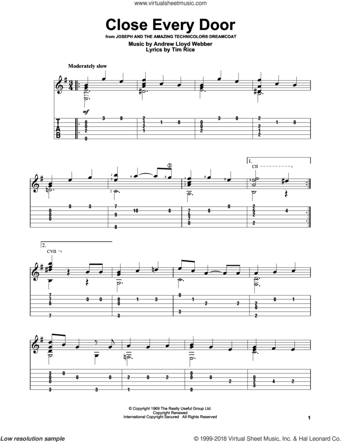 Close Every Door (from Joseph and the Amazing Technicolor Dreamcoat) sheet music for guitar solo by Andrew Lloyd Webber and Tim Rice, intermediate skill level
