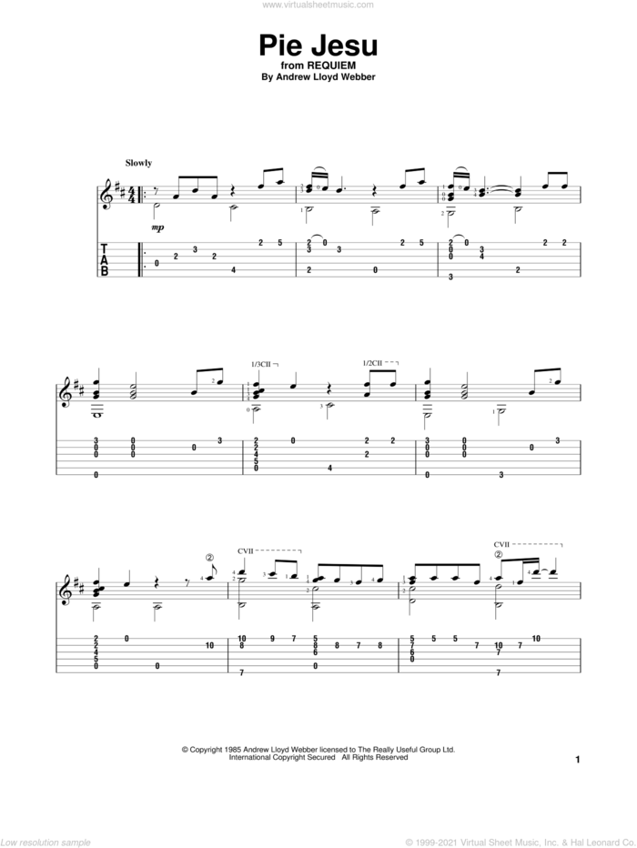 Pie Jesu sheet music for guitar solo by Andrew Lloyd Webber and Sarah Brightman, intermediate skill level