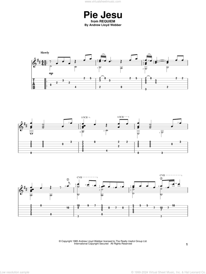 Pie Jesu sheet music for guitar solo by Andrew Lloyd Webber and Sarah Brightman, intermediate skill level