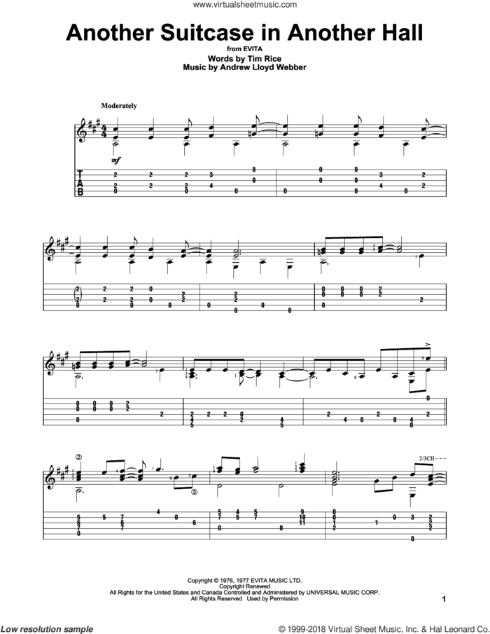 Another Suitcase In Another Hall (from Evita) sheet music for guitar solo by Andrew Lloyd Webber and Tim Rice, intermediate skill level