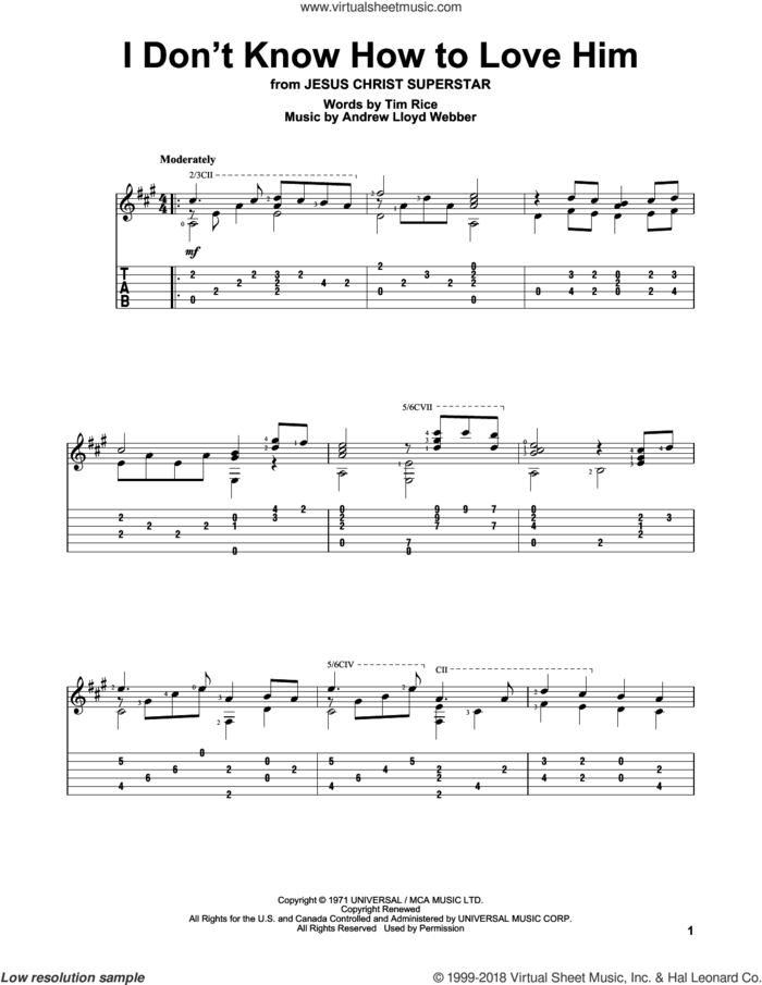 I Don't Know How To Love Him sheet music for guitar solo by Andrew Lloyd Webber, Helen Reddy and Tim Rice, intermediate skill level