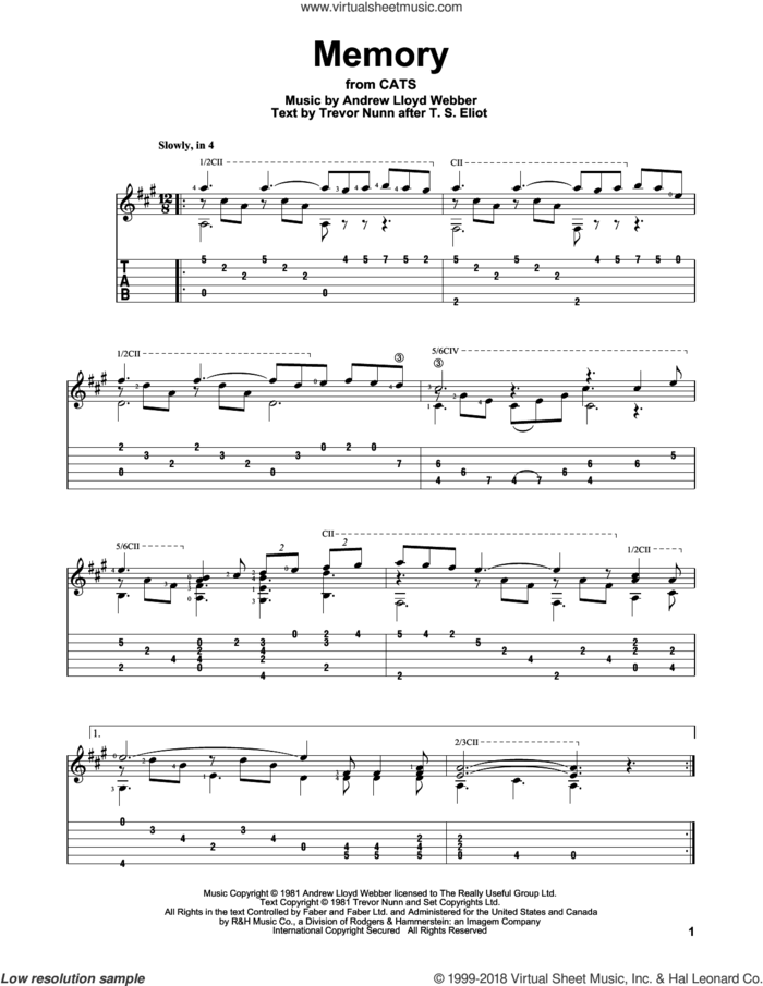 Memory (from Cats) sheet music for guitar solo by Andrew Lloyd Webber, Barbra Streisand and Trevor Nunn, intermediate skill level