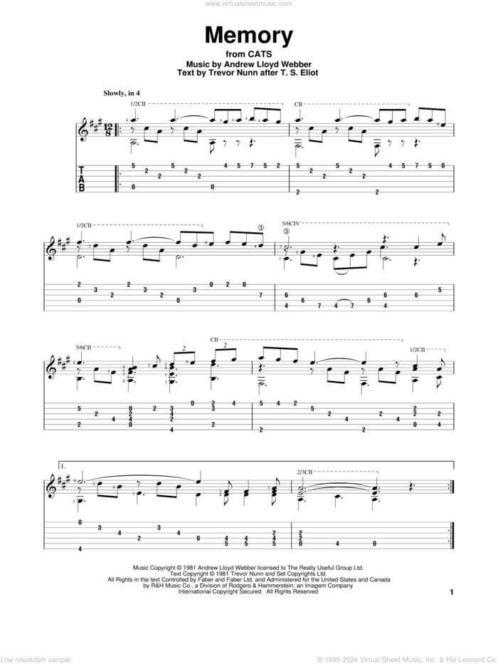 Memory (from Cats) sheet music for guitar solo by Andrew Lloyd Webber, Barbra Streisand and Trevor Nunn, intermediate skill level