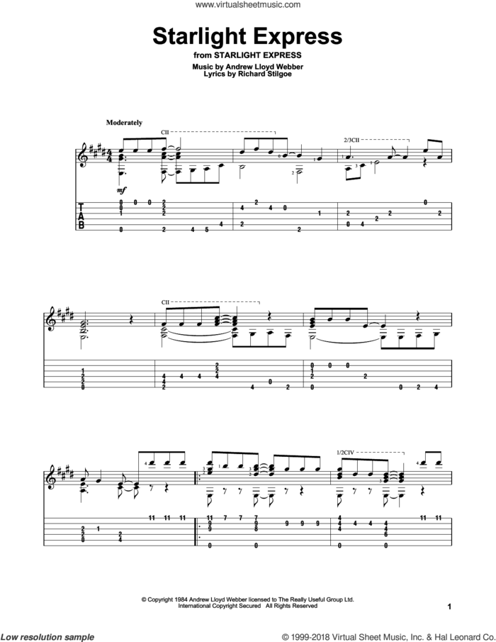 Starlight Express sheet music for guitar solo by Andrew Lloyd Webber and Richard Stilgoe, intermediate skill level