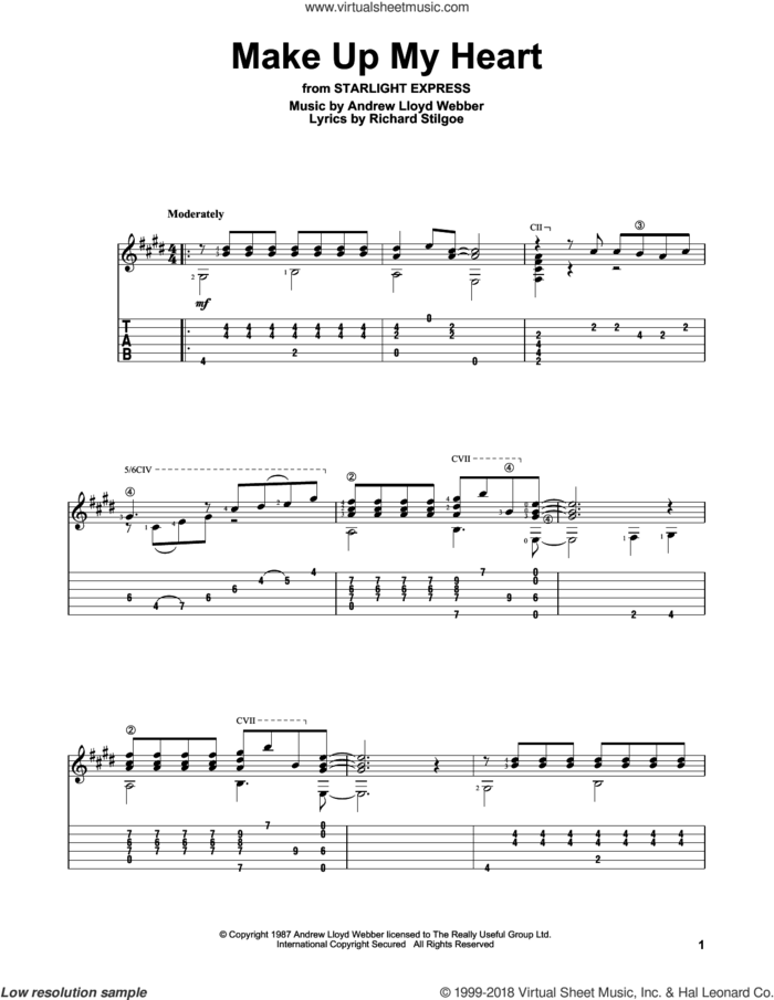 Make Up My Heart sheet music for guitar solo by Andrew Lloyd Webber and Richard Stilgoe, intermediate skill level