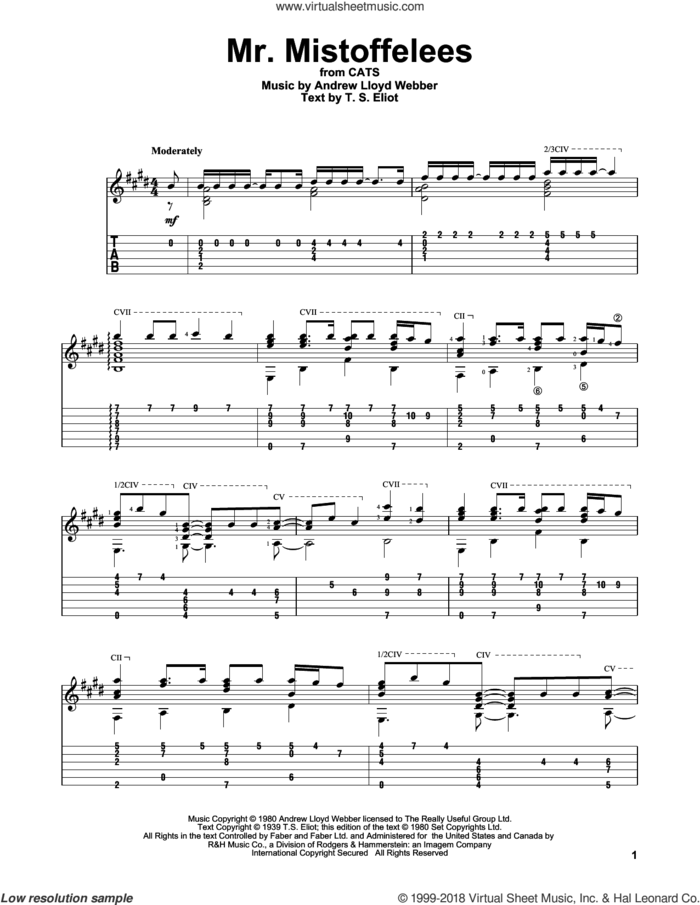 Mr. Mistoffelees (from Cats) sheet music for guitar solo by Andrew Lloyd Webber and T.S. Eliot, intermediate skill level
