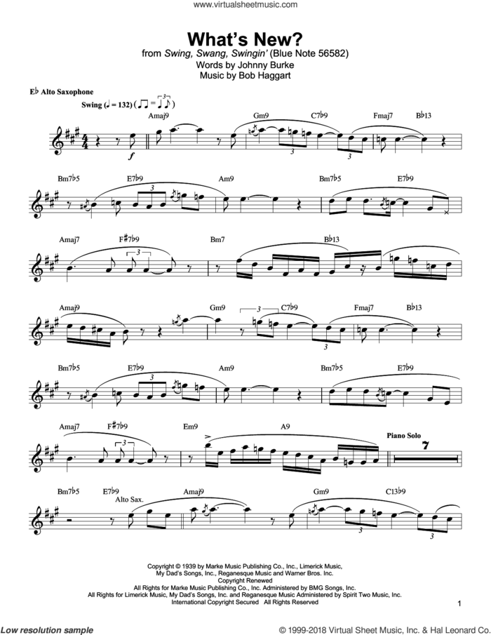 What's New? sheet music for alto saxophone (transcription) by Jackie McLean, Bob Haggart and John Burke, intermediate skill level