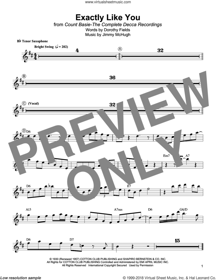 Exactly Like You sheet music for tenor saxophone solo (transcription) by Lester Young, Dorothy Fields and Jimmy McHugh, intermediate tenor saxophone (transcription)