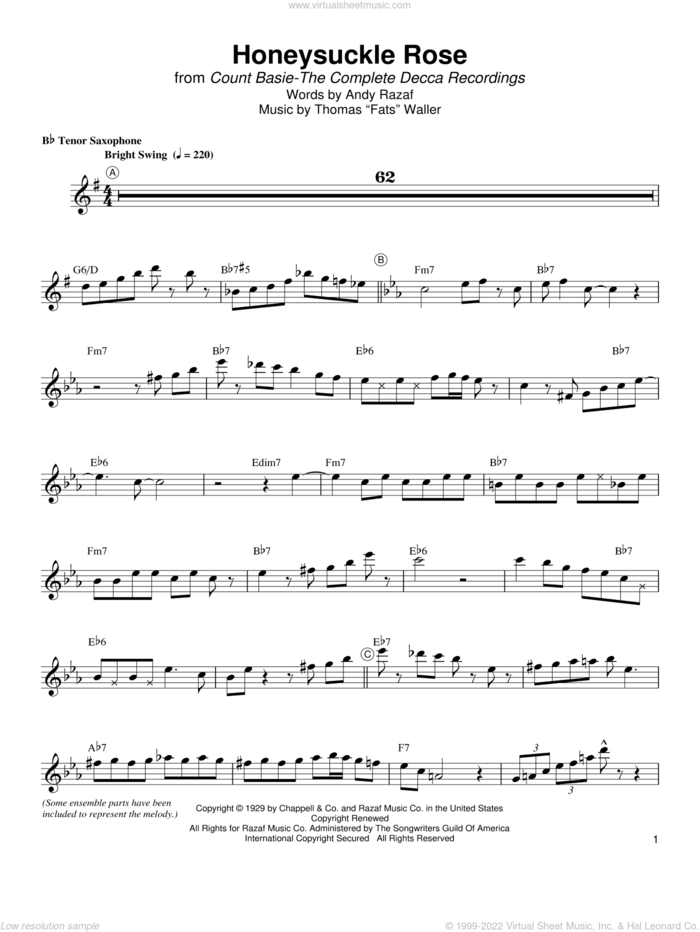 Honeysuckle Rose sheet music for tenor saxophone solo (transcription) by Lester Young and Andy Razaf, intermediate tenor saxophone (transcription)