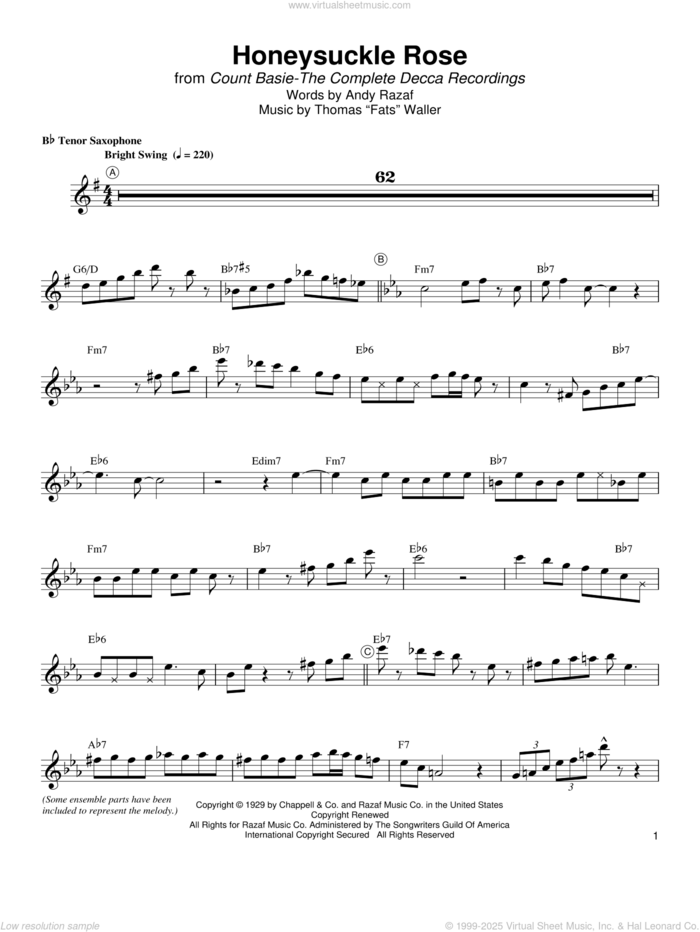 Honeysuckle Rose sheet music for tenor saxophone solo (transcription) by Lester Young and Andy Razaf, intermediate tenor saxophone (transcription)