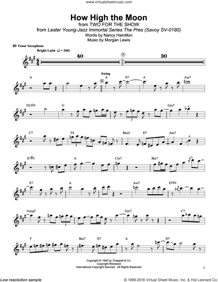 How High The Moon sheet music for tenor saxophone solo (transcription) by Lester Young, Morgan Lewis and Nancy Hamilton, intermediate tenor saxophone (transcription)