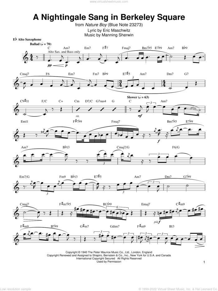 A Nightingale Sang In Berkeley Square sheet music for alto saxophone (transcription) by Jackie McLean, Eric Maschwitz and Manning Sherwin, intermediate skill level