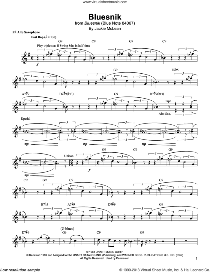 Bluesnik sheet music for alto saxophone (transcription) by Jackie McLean, intermediate skill level