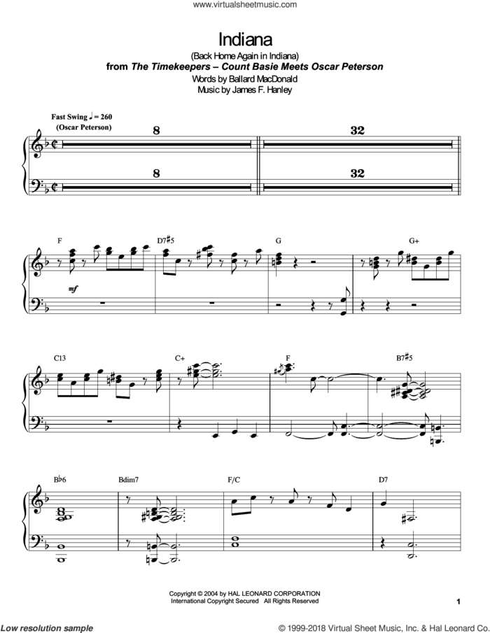 Indiana (Back Home Again In Indiana) sheet music for piano solo (transcription) by Count Basie, Ballard MacDonald and James Hanley, intermediate piano (transcription)