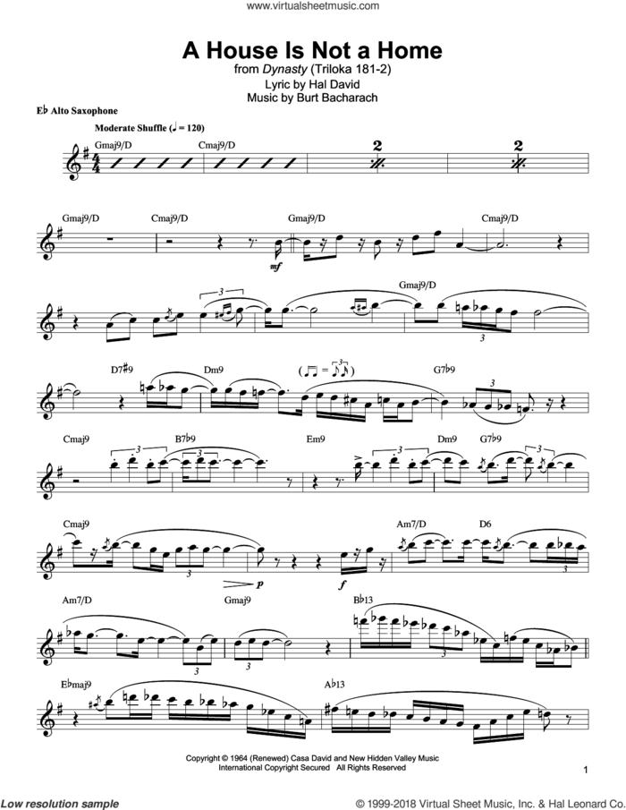 A House Is Not A Home sheet music for alto saxophone (transcription) by Jackie McLean, Burt Bacharach and Hal David, intermediate skill level
