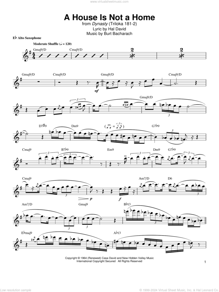 A House Is Not A Home sheet music for alto saxophone (transcription) by Jackie McLean, Burt Bacharach and Hal David, intermediate skill level