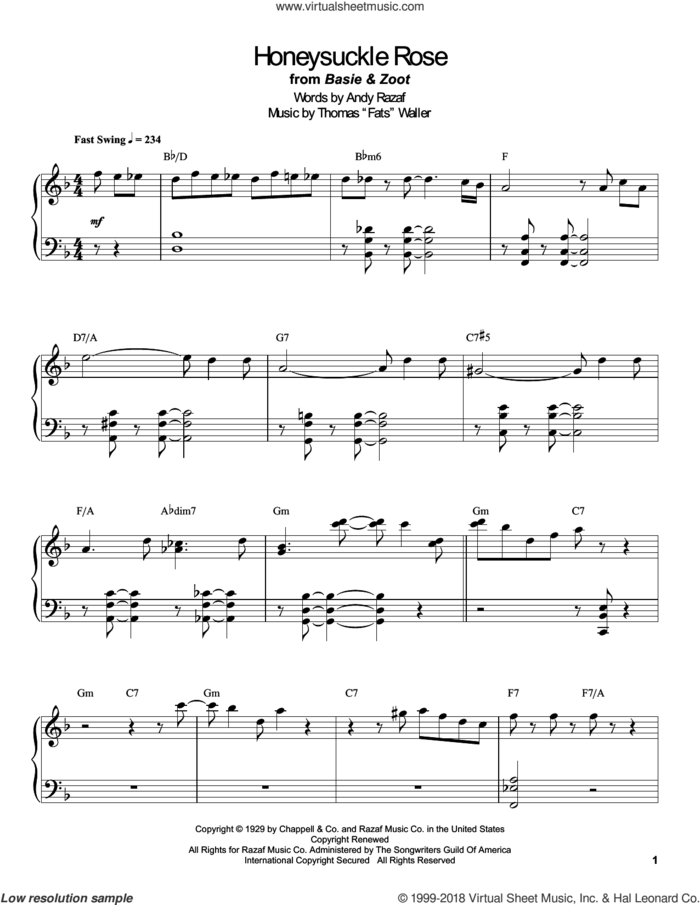 Honeysuckle Rose sheet music for piano solo (transcription) by Count Basie and Andy Razaf, intermediate piano (transcription)