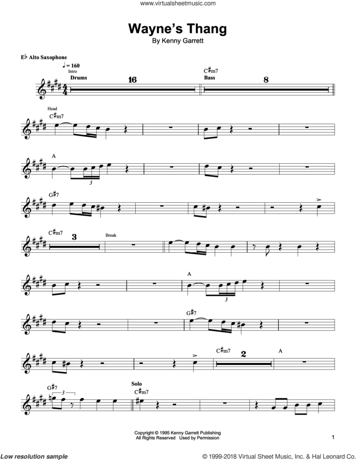 Wayne's Thang sheet music for alto saxophone (transcription) by Kenny Garrett, intermediate skill level