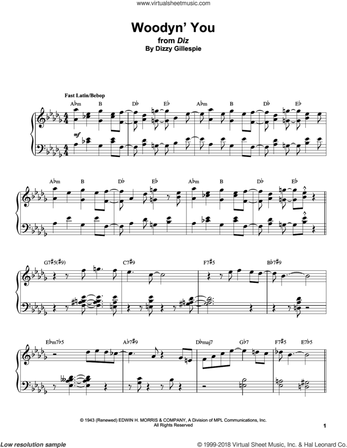 Woodyn' You sheet music for piano solo (transcription) by Gonzalo Rubalcaba and Dizzy Gillespie, intermediate piano (transcription)