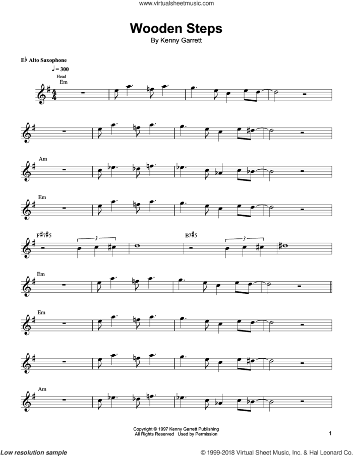 Wooden Steps sheet music for alto saxophone (transcription) by Kenny Garrett, intermediate skill level