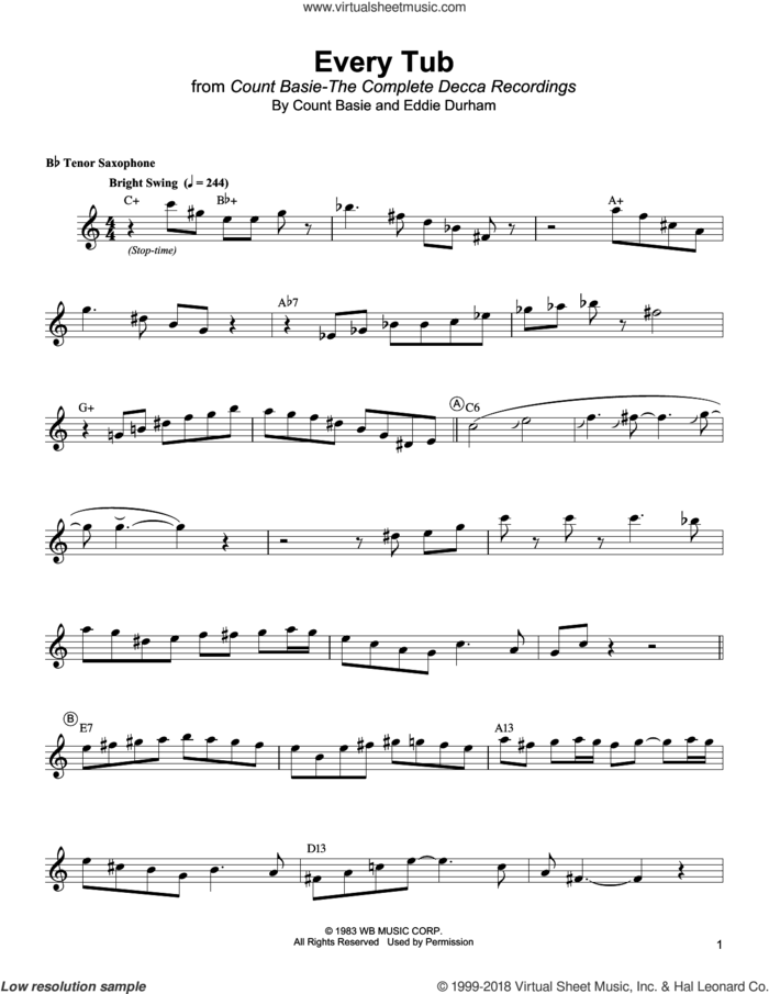 Every Tub sheet music for tenor saxophone solo (transcription) by Lester Young, Count Basie and Eddie Durham, intermediate tenor saxophone (transcription)