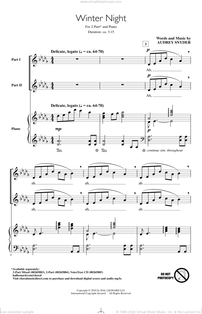 Winter Night sheet music for choir (2-Part) by Audrey Snyder, intermediate duet