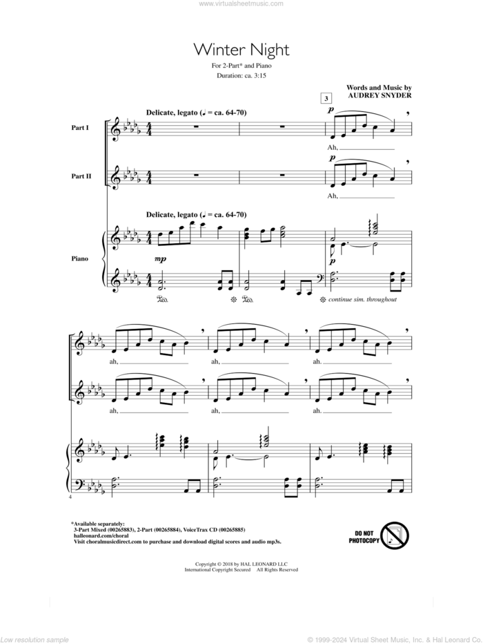 Winter Night sheet music for choir (2-Part) by Audrey Snyder, intermediate duet