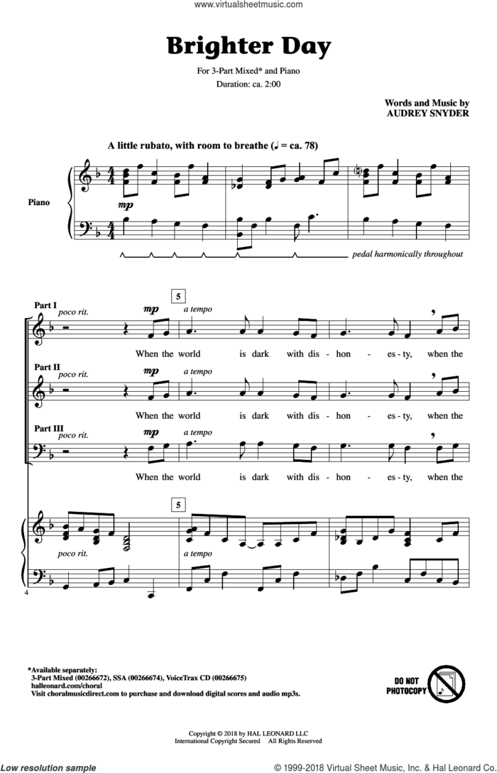 Brighter Day sheet music for choir (3-Part Mixed) by Audrey Snyder, intermediate skill level
