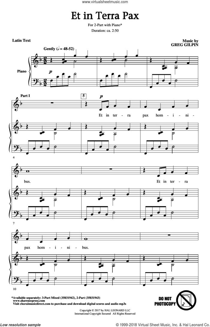 Et In Terra Pax sheet music for choir (2-Part) by Greg Gilpin, intermediate duet