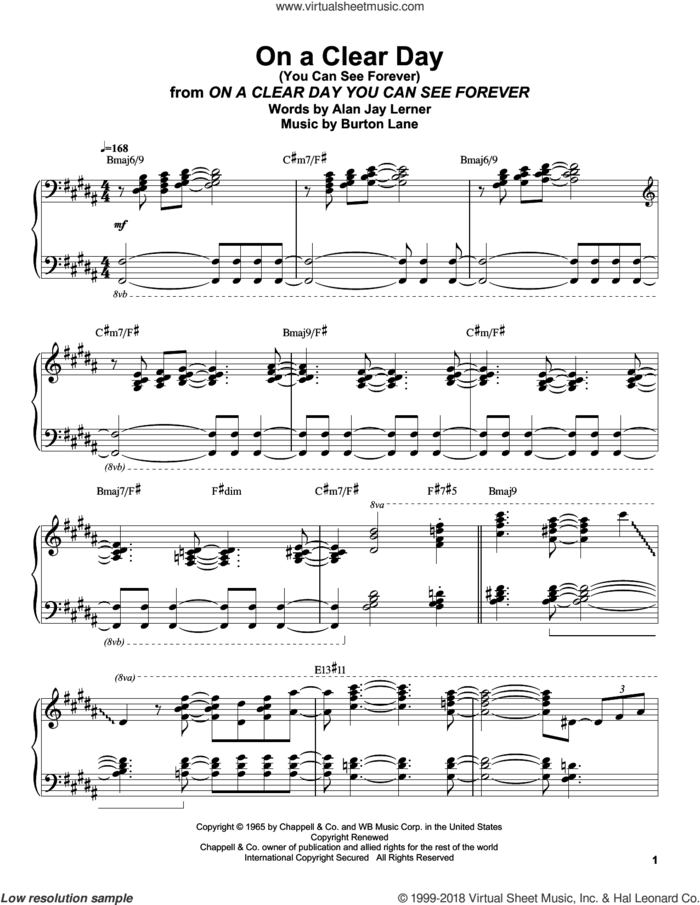 On A Clear Day (You Can See Forever) sheet music for piano solo (transcription) by Oscar Peterson, Alan Jay Lerner and Burton Lane, intermediate piano (transcription)