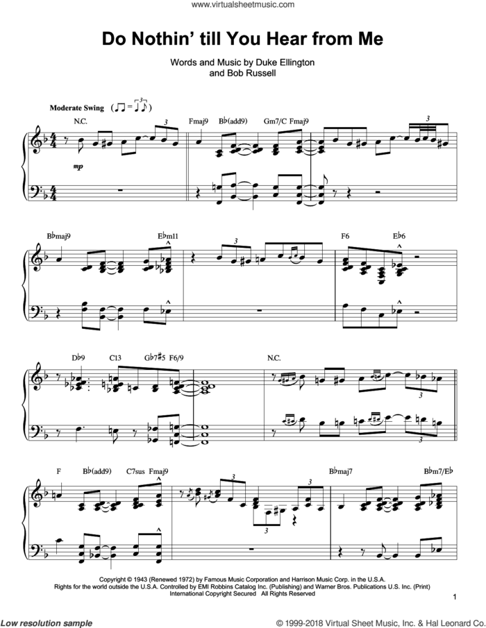 Do Nothin' Till You Hear From Me sheet music for piano solo (transcription) by Oscar Peterson, Bob Russell and Duke Ellington, intermediate piano (transcription)