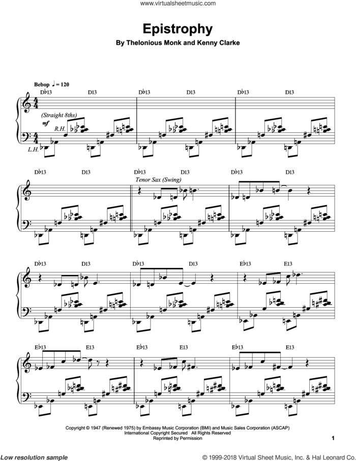 Epistrophy sheet music for piano solo (transcription) by Thelonious Monk and Kenny Clarke, intermediate piano (transcription)